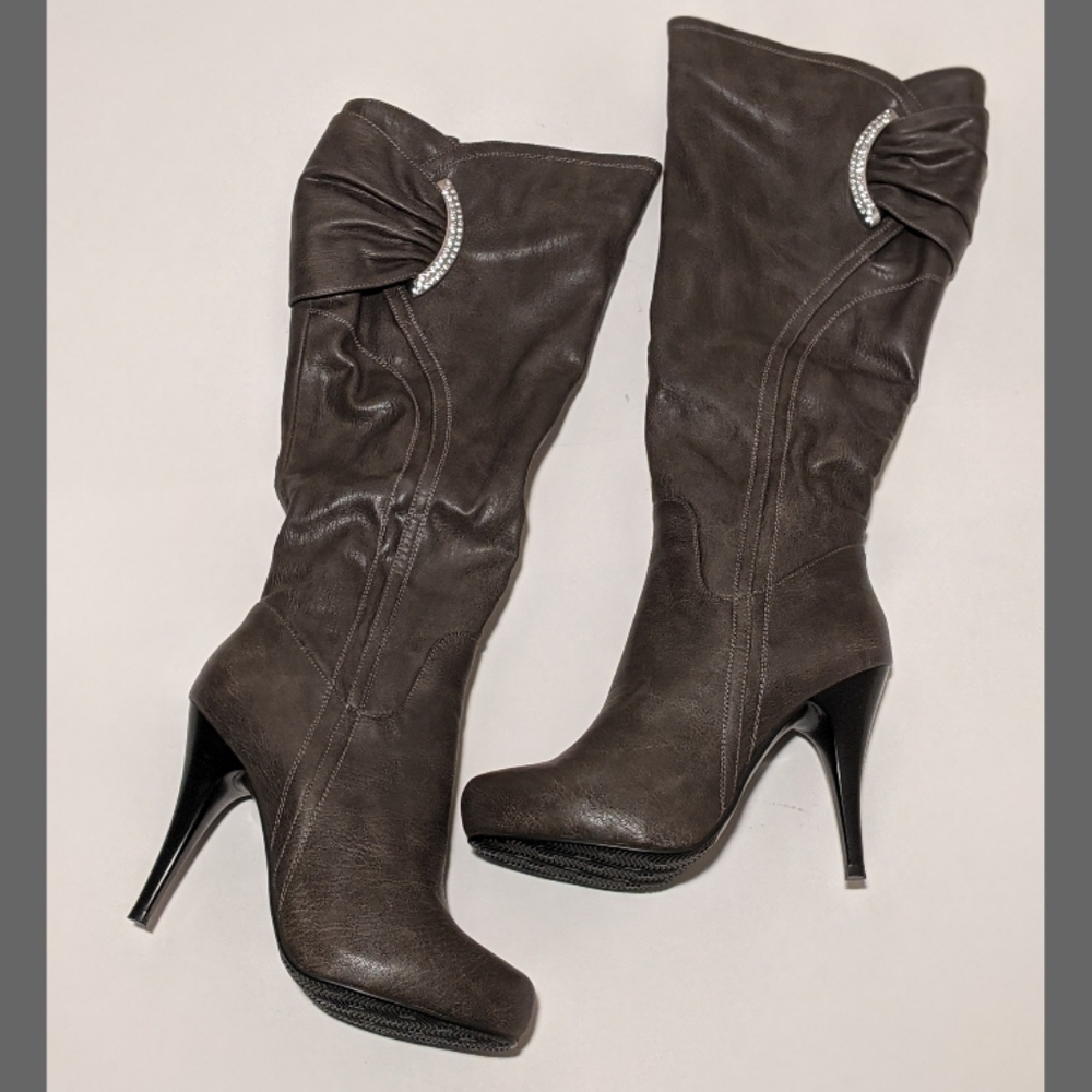 BEYOND GRAY FAUX LEATHER HEELED BOOTS